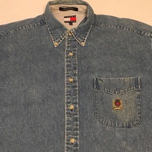 Vintage Tommy Hilfiger Blue Denim Shirt Men's Medium Button VTG Logo Crest